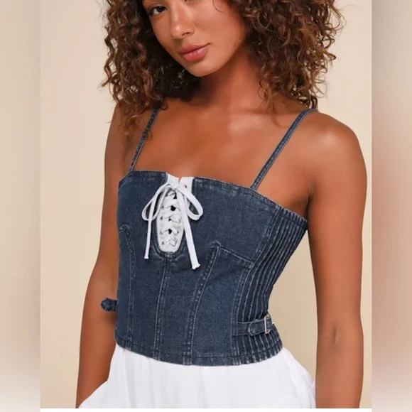 NWT Lulus Dark Wash Denim Cropped Cami Corset Medium - Picture 1 of 10